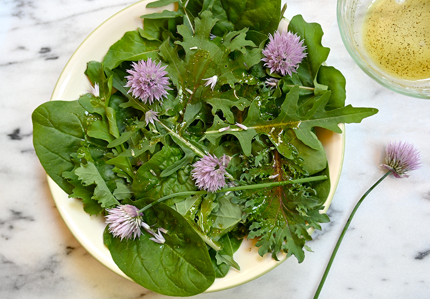Spring Greens salad with Chive Flowers